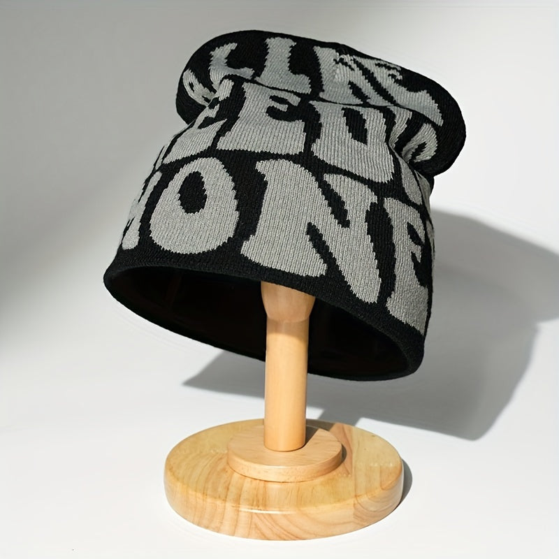 Unisex Alphabet Embroidered Knit Beanie Hat Casual Acrylic Stretch