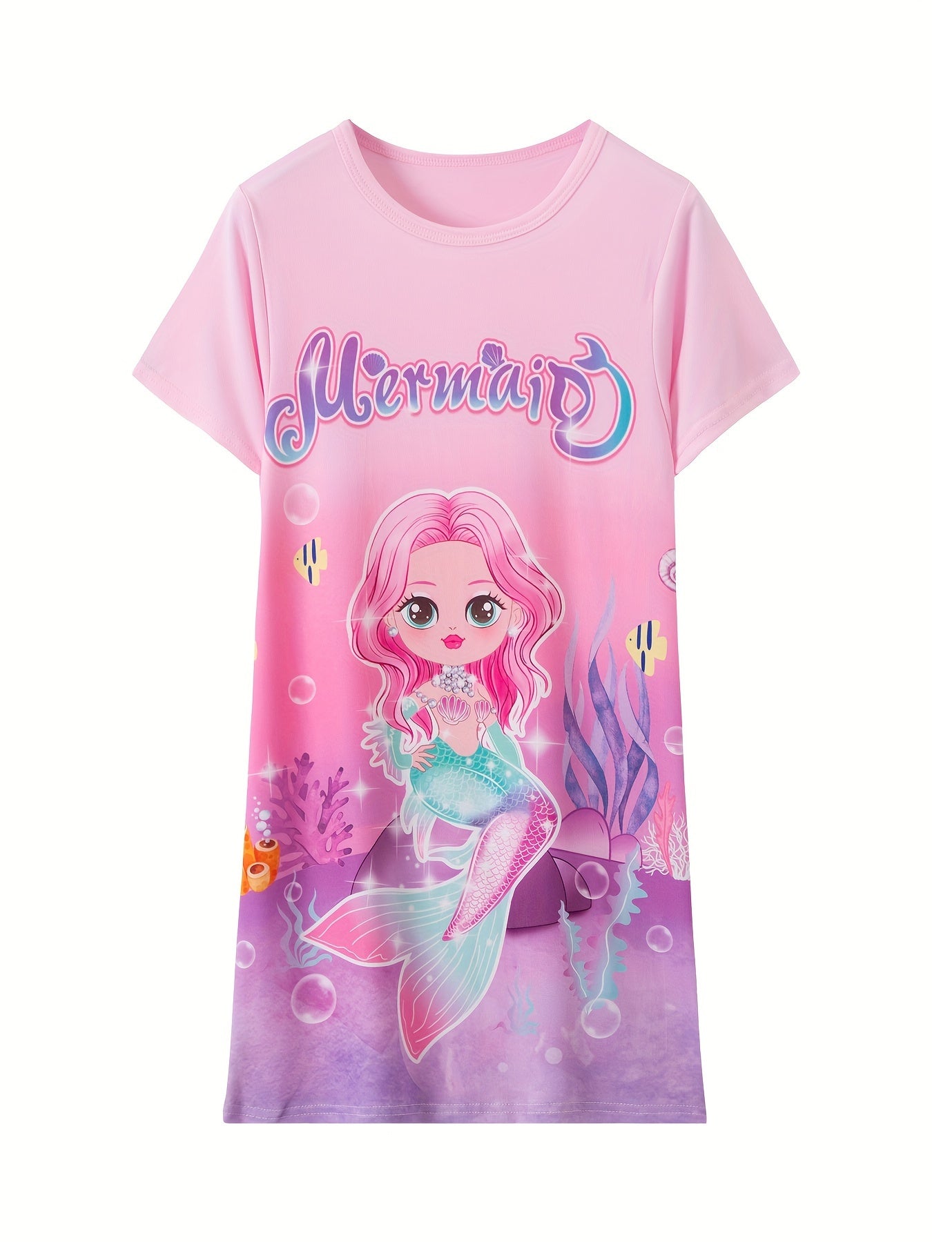 2pcs Girls Summer Cartoon Mermaid Pattern Short Sleeve.