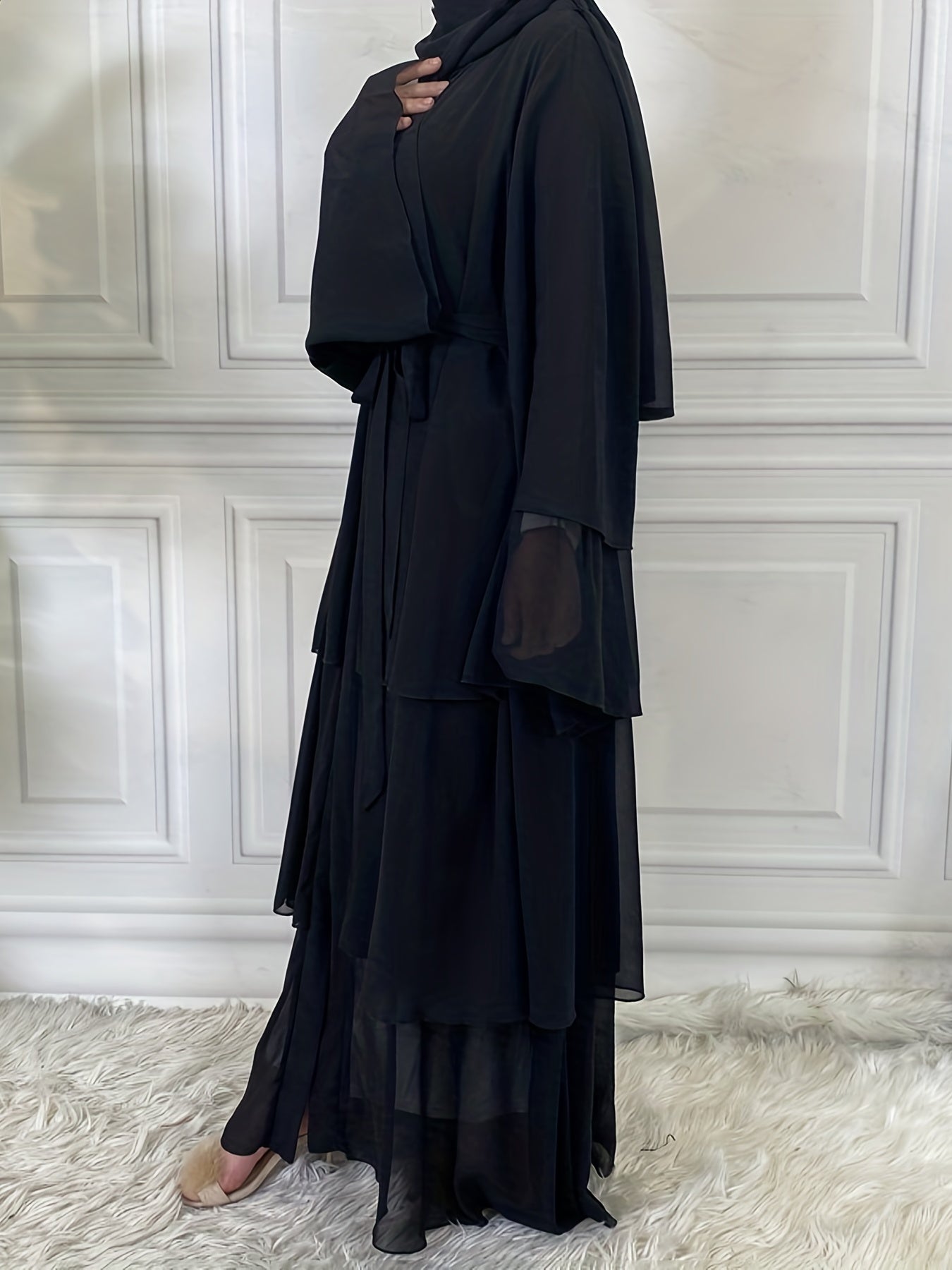 Layered Open Front Modest Dress, Long Sleeve Muslim Dress'/MH