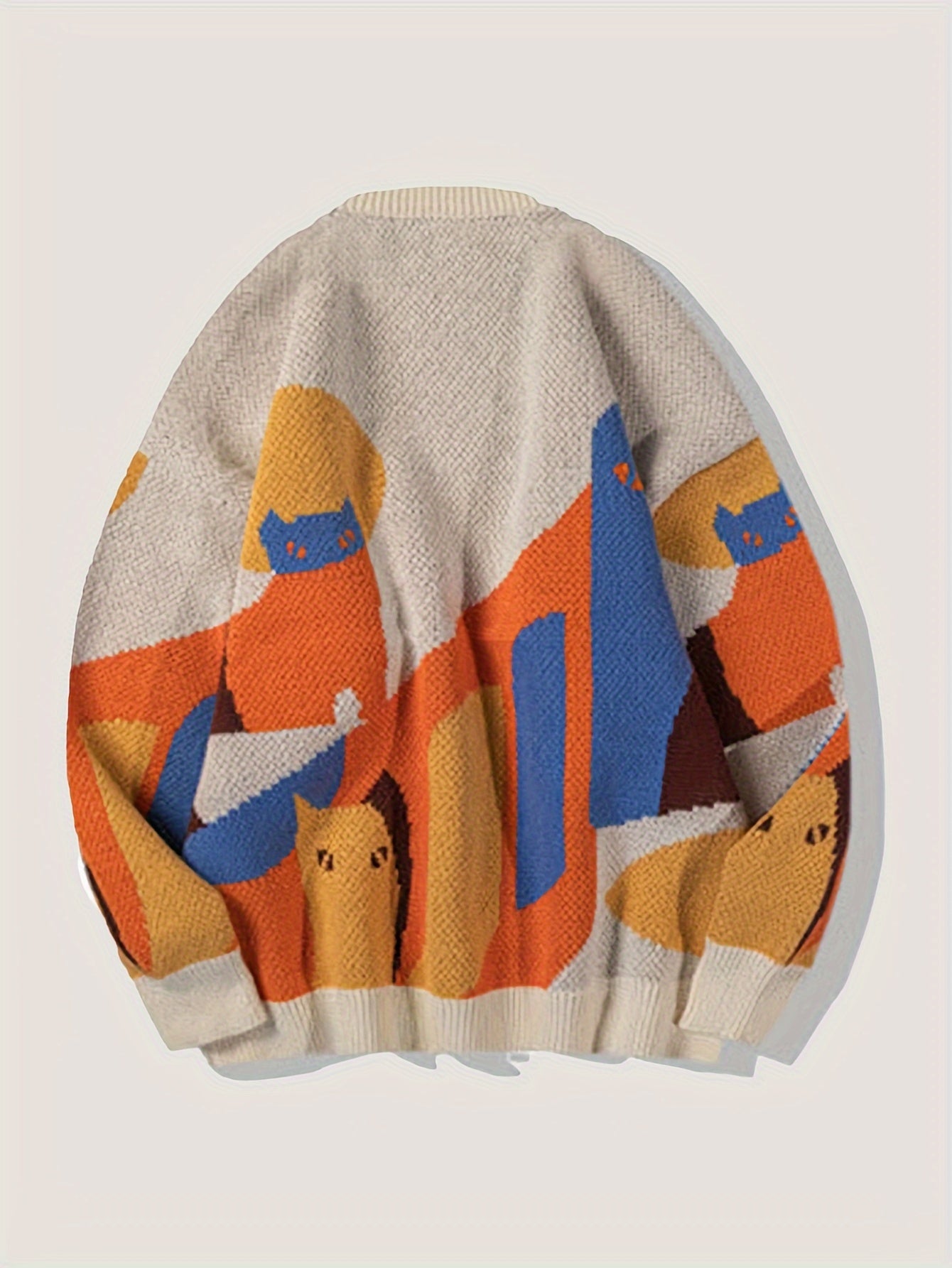 Cute Cat Pattern Knitted Sweater, Men's Casual Warm Mid Stretch .