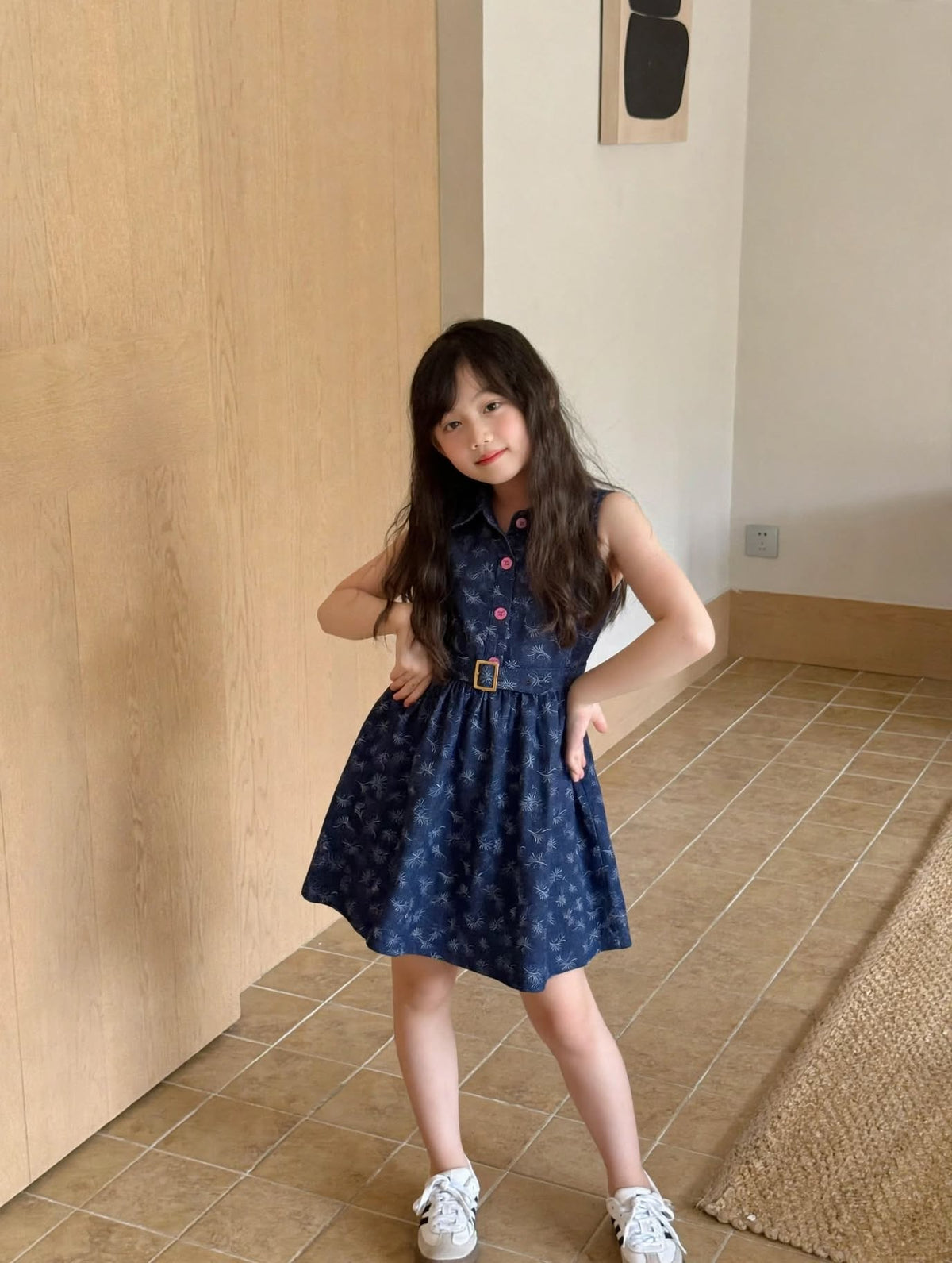 Girls Flower Printed Blue Denim Button-Cut Sleeve With Waist Belt Tunic (2–12 Years)
