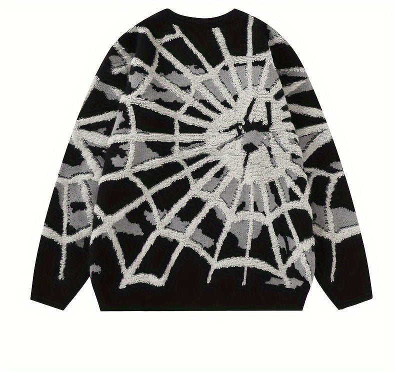 Spider Cobweb Pattern Knitted Sweater, Men's Casual Warm.