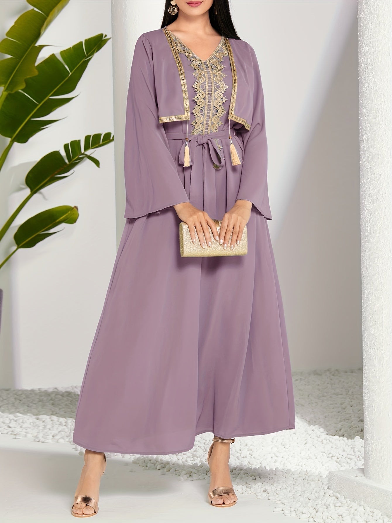 2 In 1 Lace Trim V-neck Kaftan Dress, /MH
