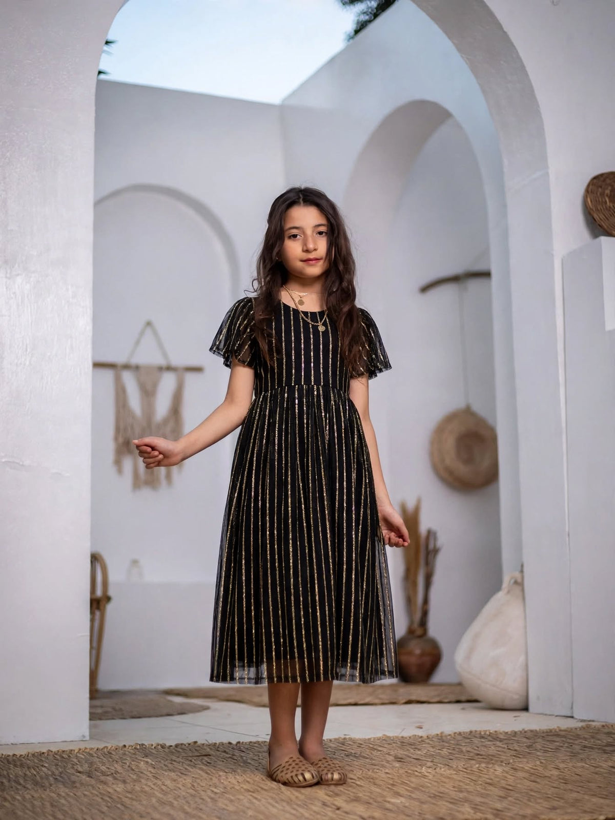 Luxury Black Gold Embroidered Modest Kaftan Dress for Girls | Islamic Fashion | Ages 8-10 | MH