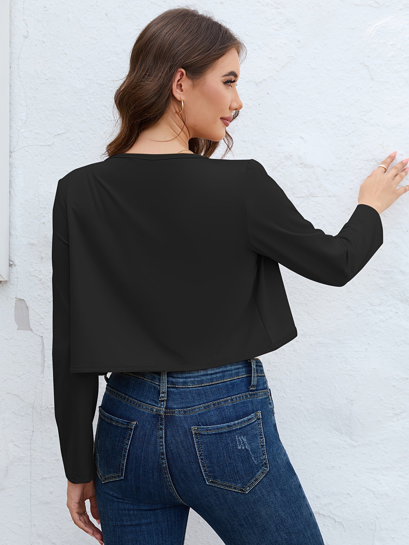 Solid Open Front Blazer, Casual Long Sleeve Crop Blazer For Work,