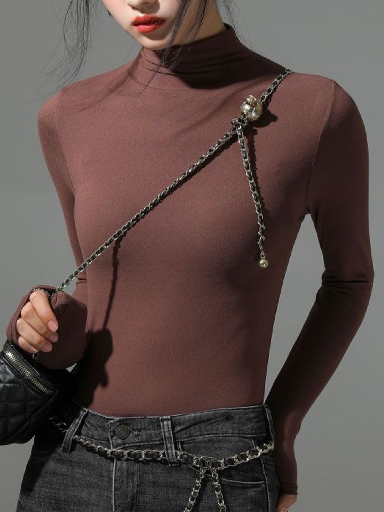 Women's High Neck Long Sleeve Turtleneck Top .