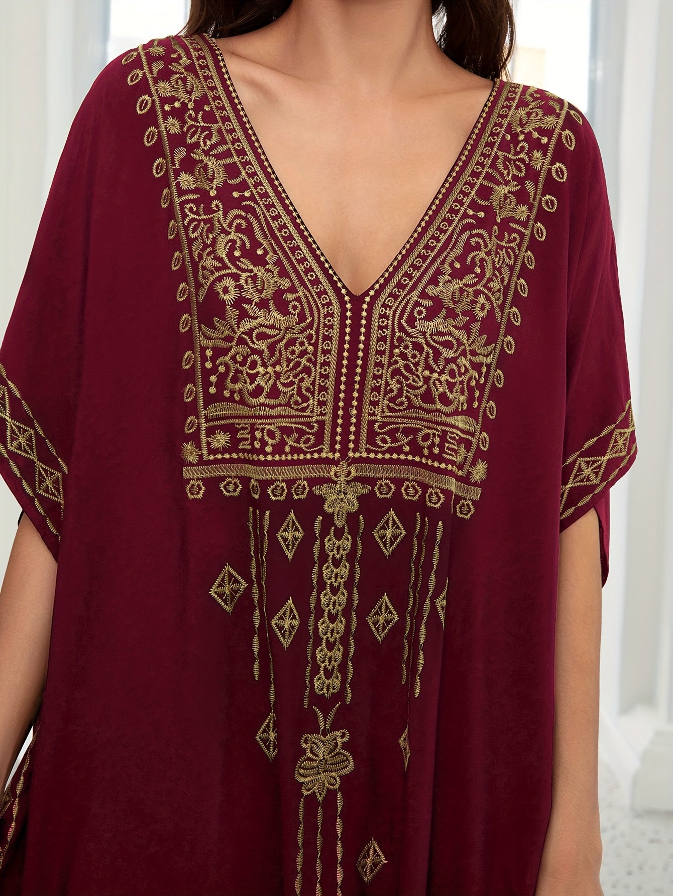EDOLYNSA Sexy Red Geometric Embroidered Kaftan | V-Neck women fashion'/MH