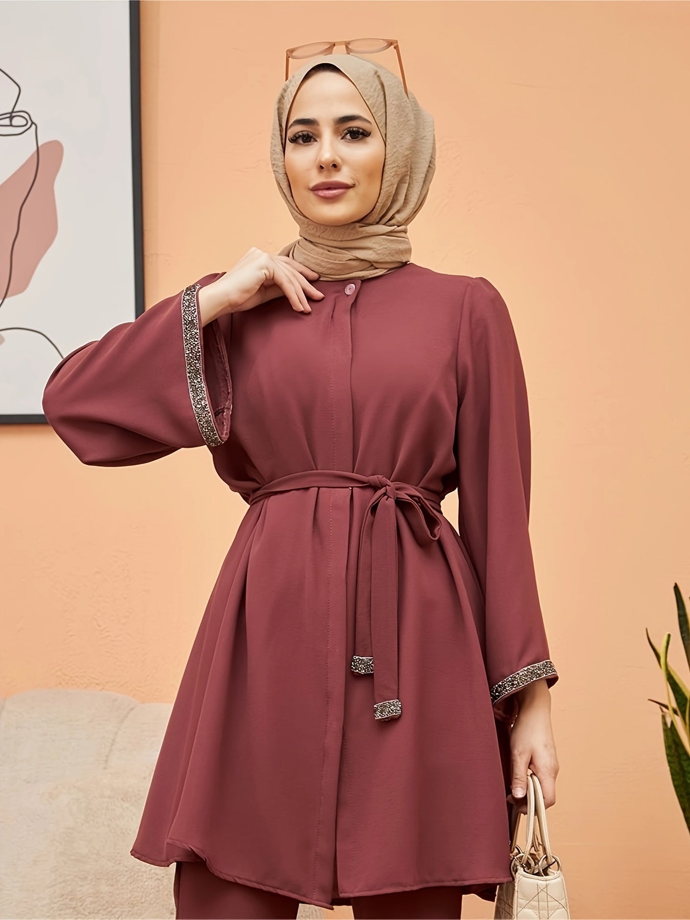 Contrast Trim Belted Button Front Kaftan Shirt, /MH