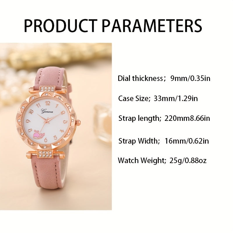 1pc Fashion Trend Rhinestone Quartz Wrist Watch & 5pcs Love Rhinestone Jewelry Set, Birthday Christmas Gift