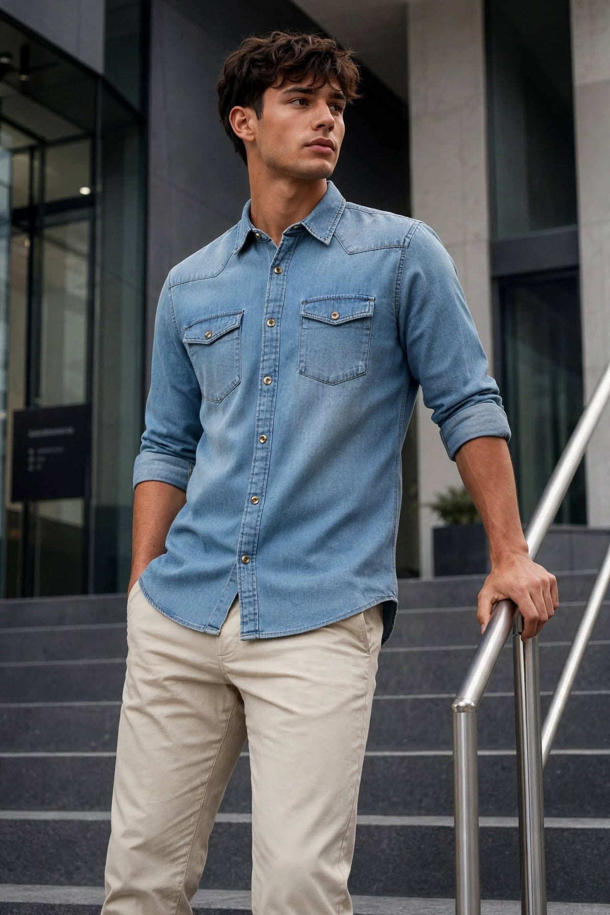 Men’s Blue Denim Button-Up Shirt Long Sleeve Relaxed Fit | Sizes S-XL | MH