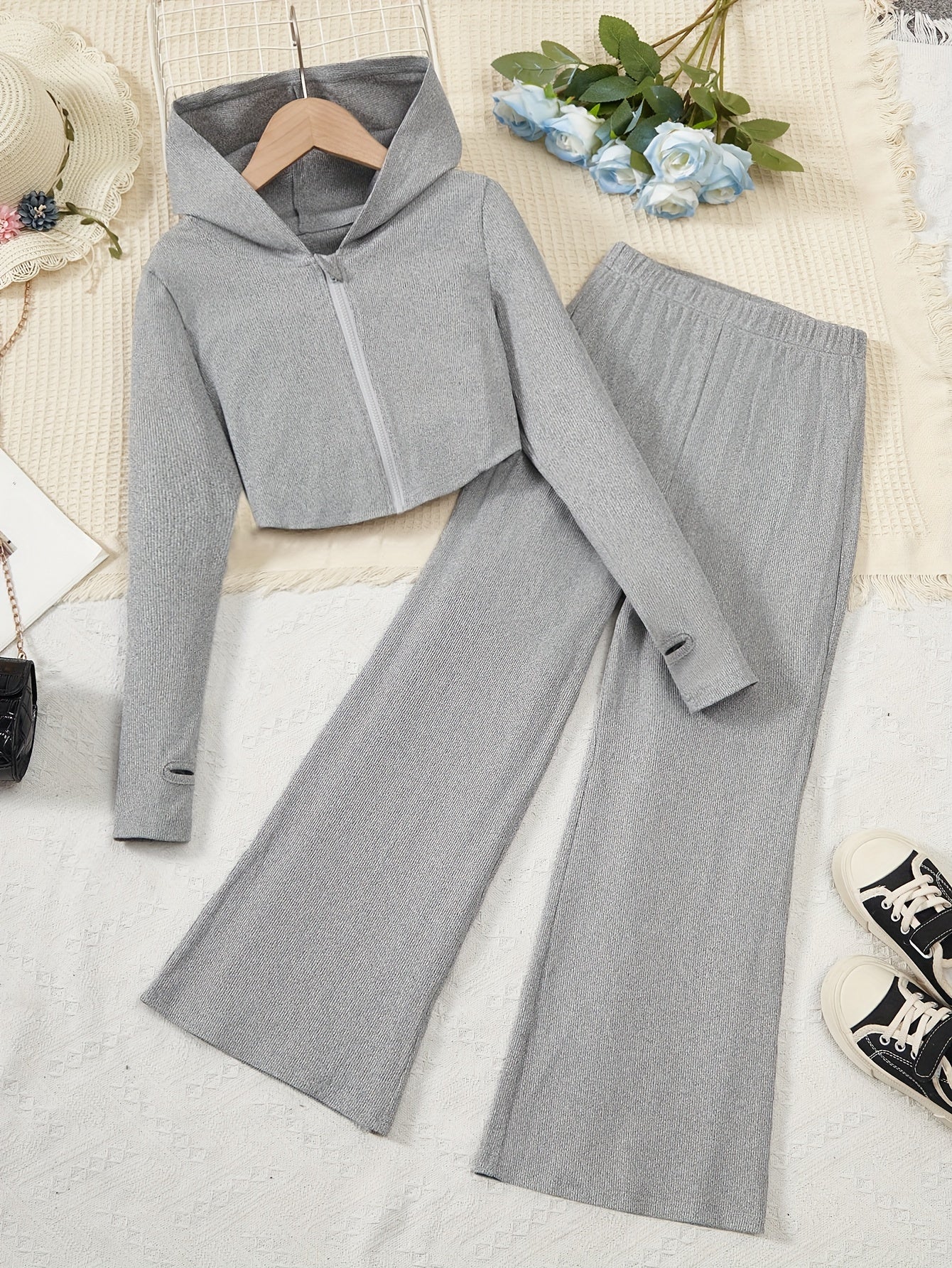 Elegant Girls Slim Outfits 2pc, Zip Hoodies + Loose Fit Flare Pants Kids Clothes.