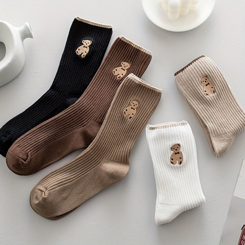 5 Pairs of Adorable Cartoon Bear Pattern Mid Tube Socks -/MH
