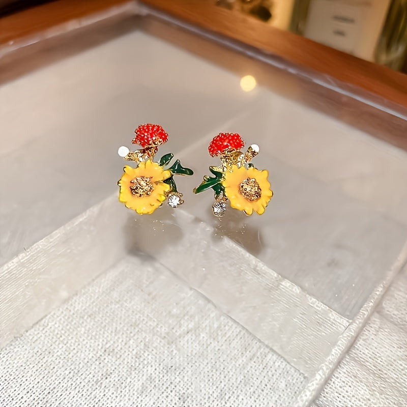 Vibrant Orange Flower Rhinestone Stud Earrings - Dazzling Embellishments, Classic Style, Perfect Gift for Her - Ideal Spring Summer Holiday Accessory