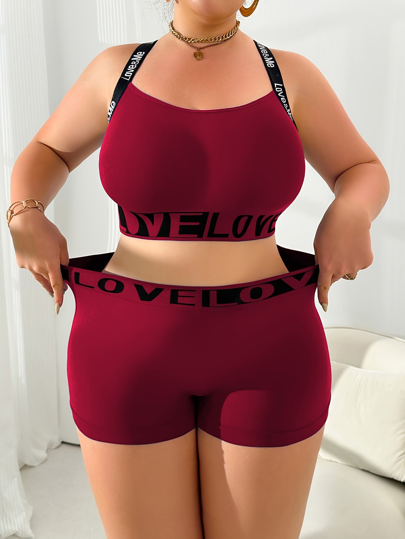 2pcs Plus Size Women's Underwear Set, Letter Print Wire-Free Bra '/MH