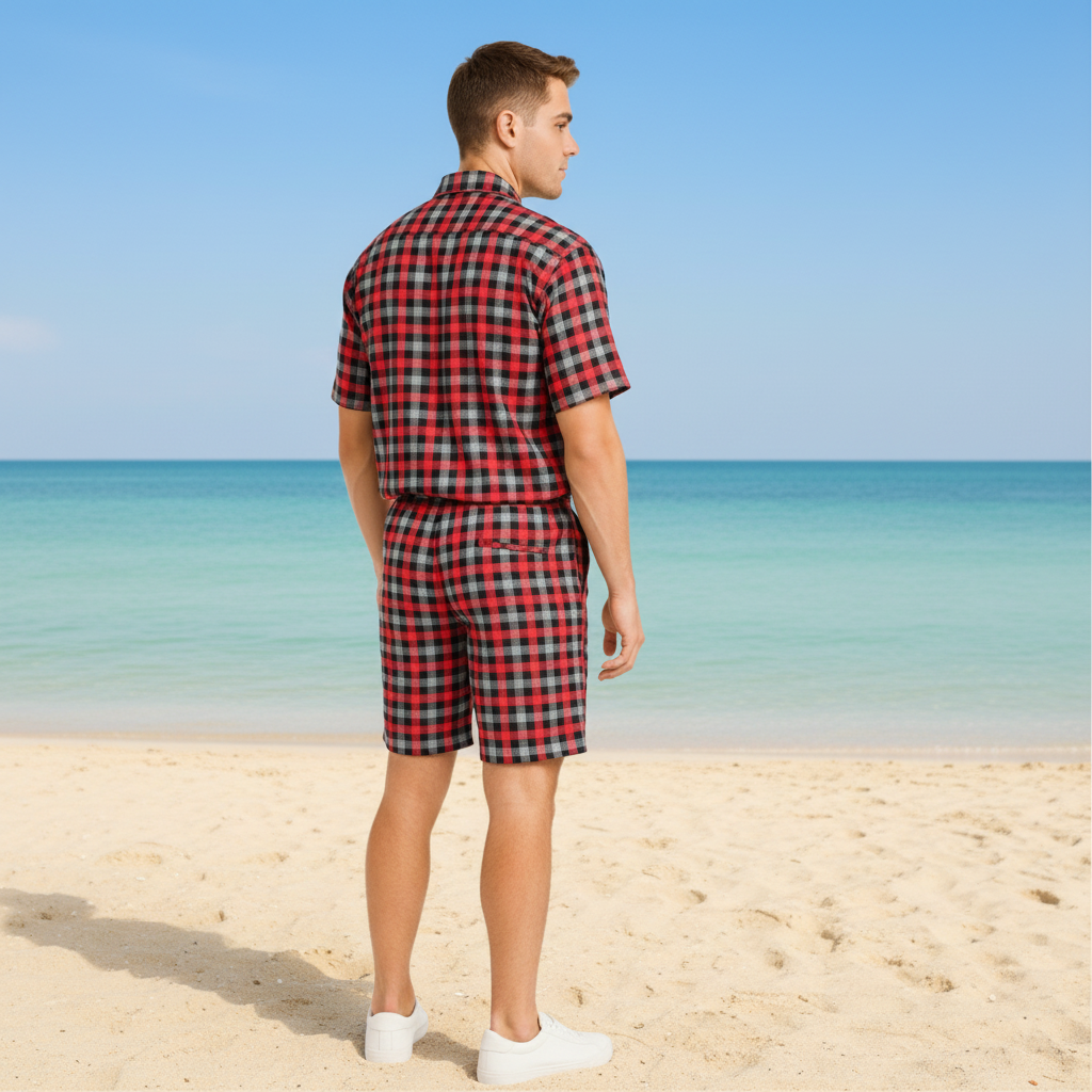Men's Gingham Check Normal Collar Shirt and Shorts Set | 5 Colors | Sizes S-XXL | MH
