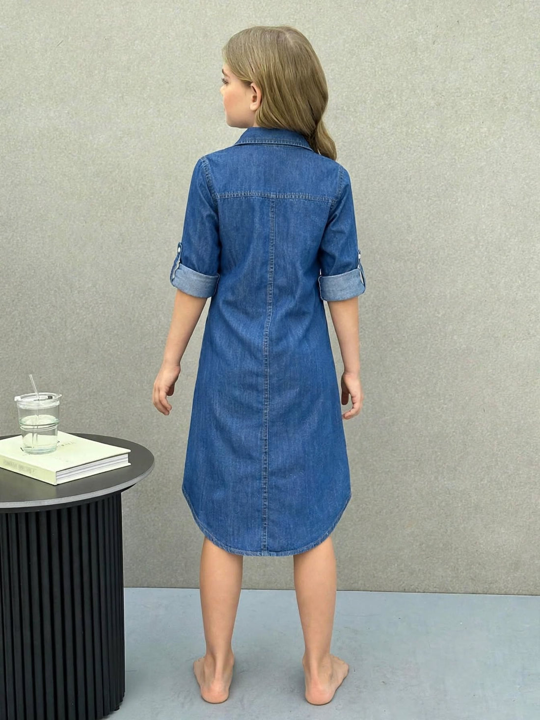 Classic Blue Denim Shirt Dress for Girls with Contrast Pocket Detail | MH