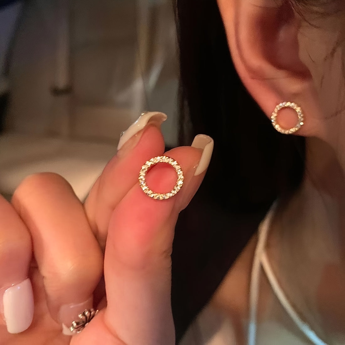 Tiny Hollow Round Design Stud Earrings Alloy Jewelry Embellished With Rhinestones Elegant Simple Style For Women Daily Wear