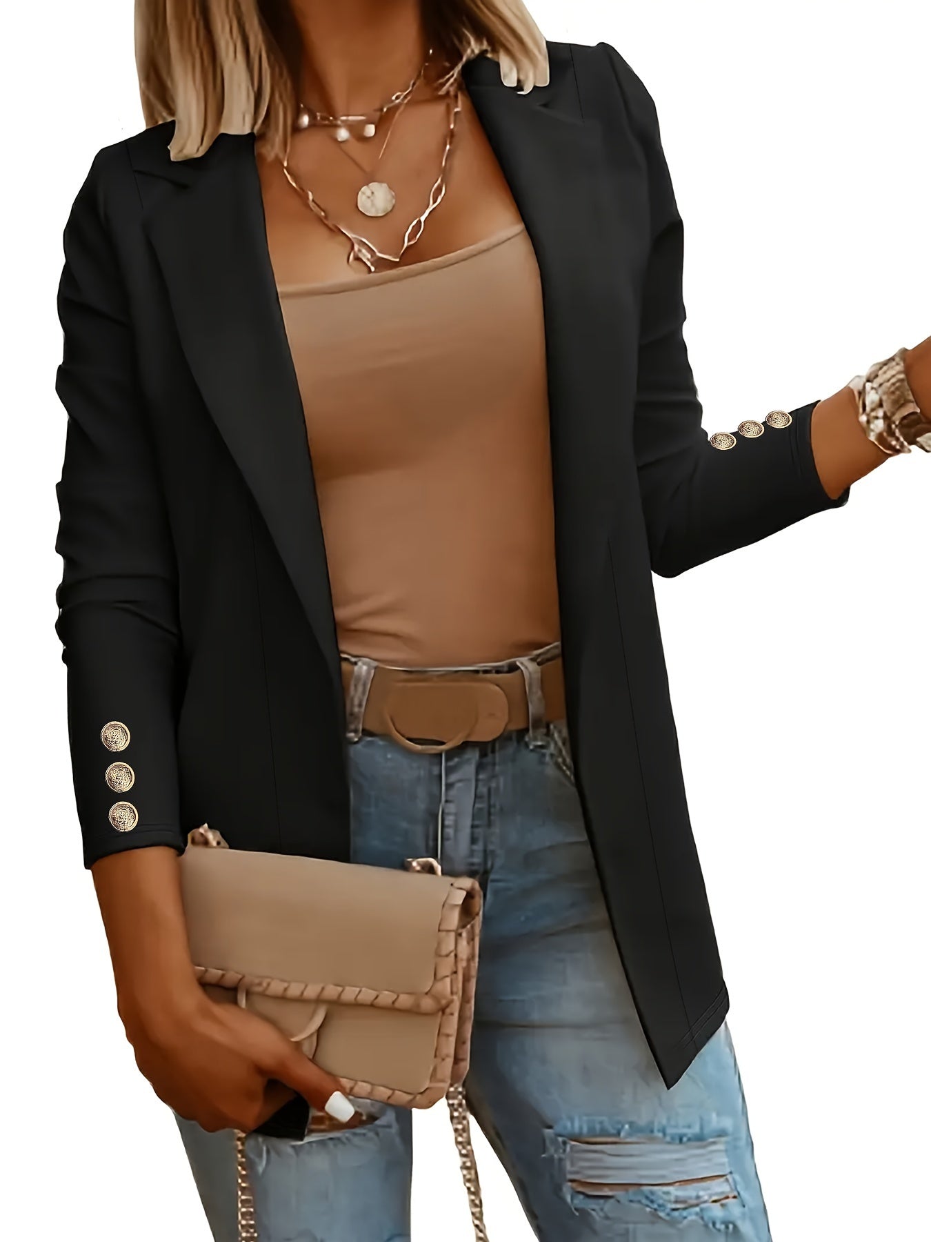 Solid Open Front Lapel Blazer, Elegant Button Decor Long Sleeve Blazer.