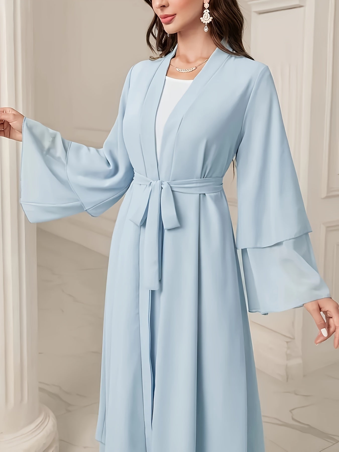 Solid Color Tie Waist Modest Dress, Elegant Layered Hem Maxi '/MH
