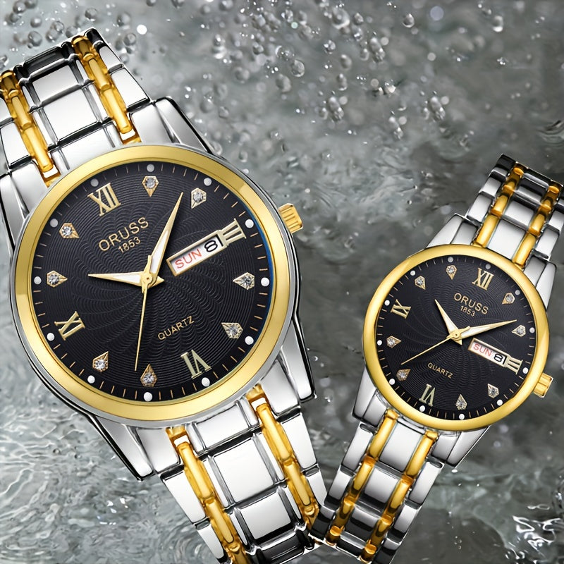 2pcs Luxury Couples Quartz Watch Business Leisure Fashion Analog Calendar Wrist Watch Valentines Gift For Men Women Date Watch