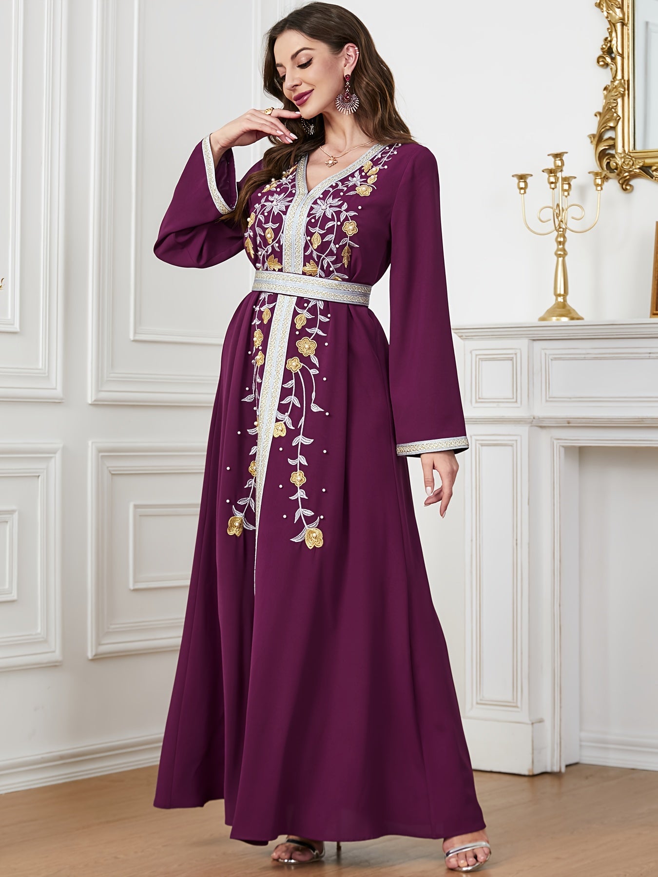 Ramadan Beaded Floral Pattern Kaftan, Elegant Long Sleeve 'MH