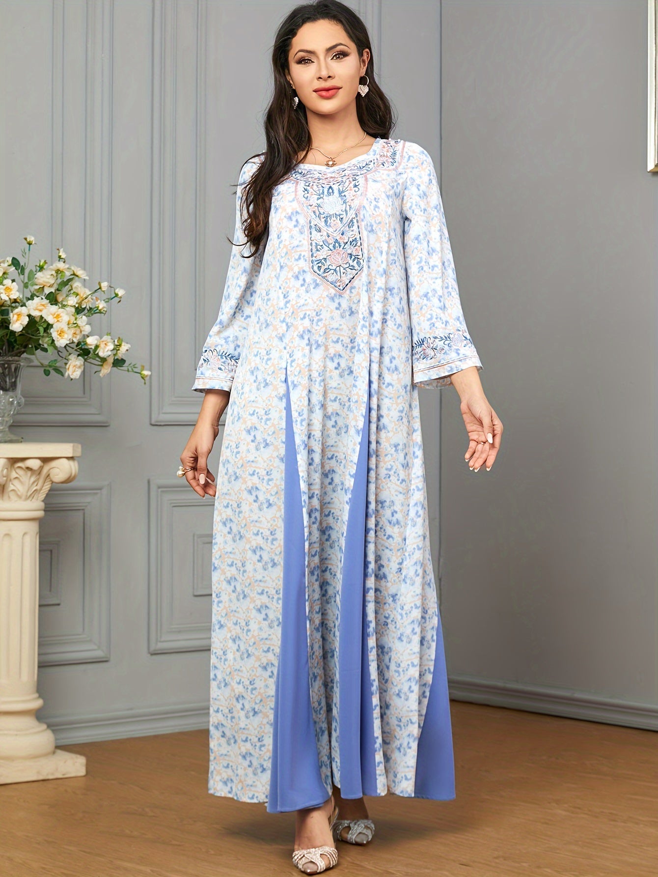 Contrast Stitching Crew Neck Kaftan, Elegant Long Sleeve '/MH