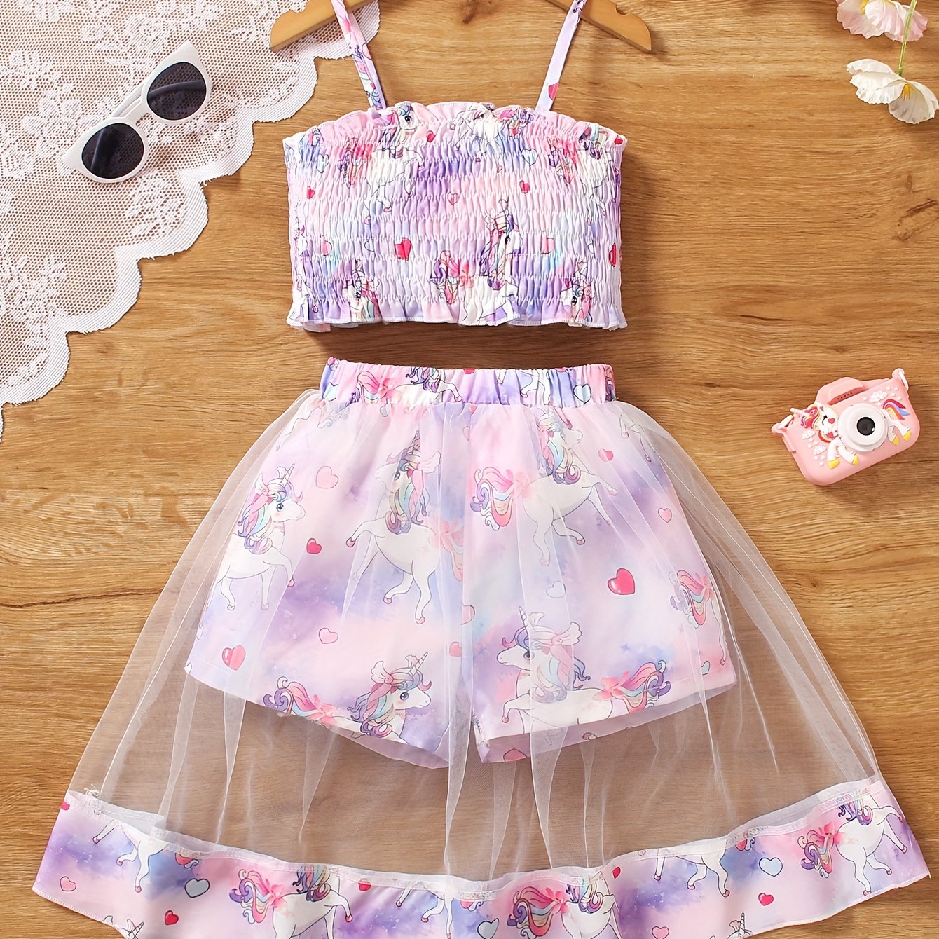 Girls' Two-Piece Set with Spaghetti Strap Butterfly Print .