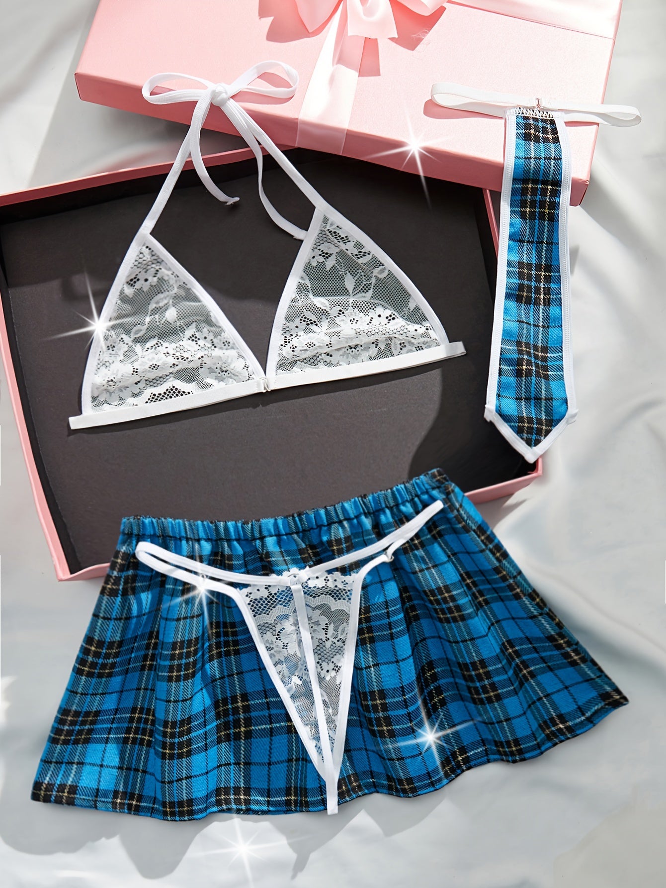 Preppy Plaid Print Uniform Set, Floral Lace Triangle Halter Bra & Thong & Skirt & Tie,/MH