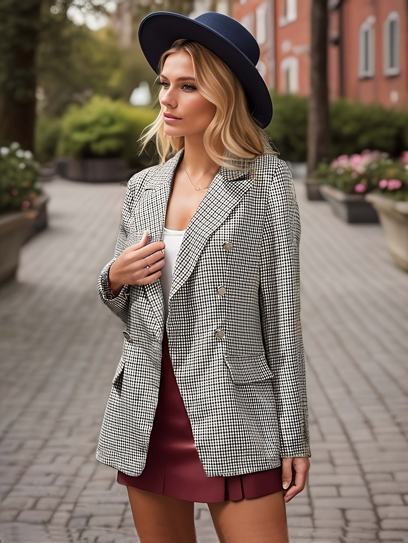 Plaid Double-Breasted Label Blazer, Elegant Long Sleeve Blazer.