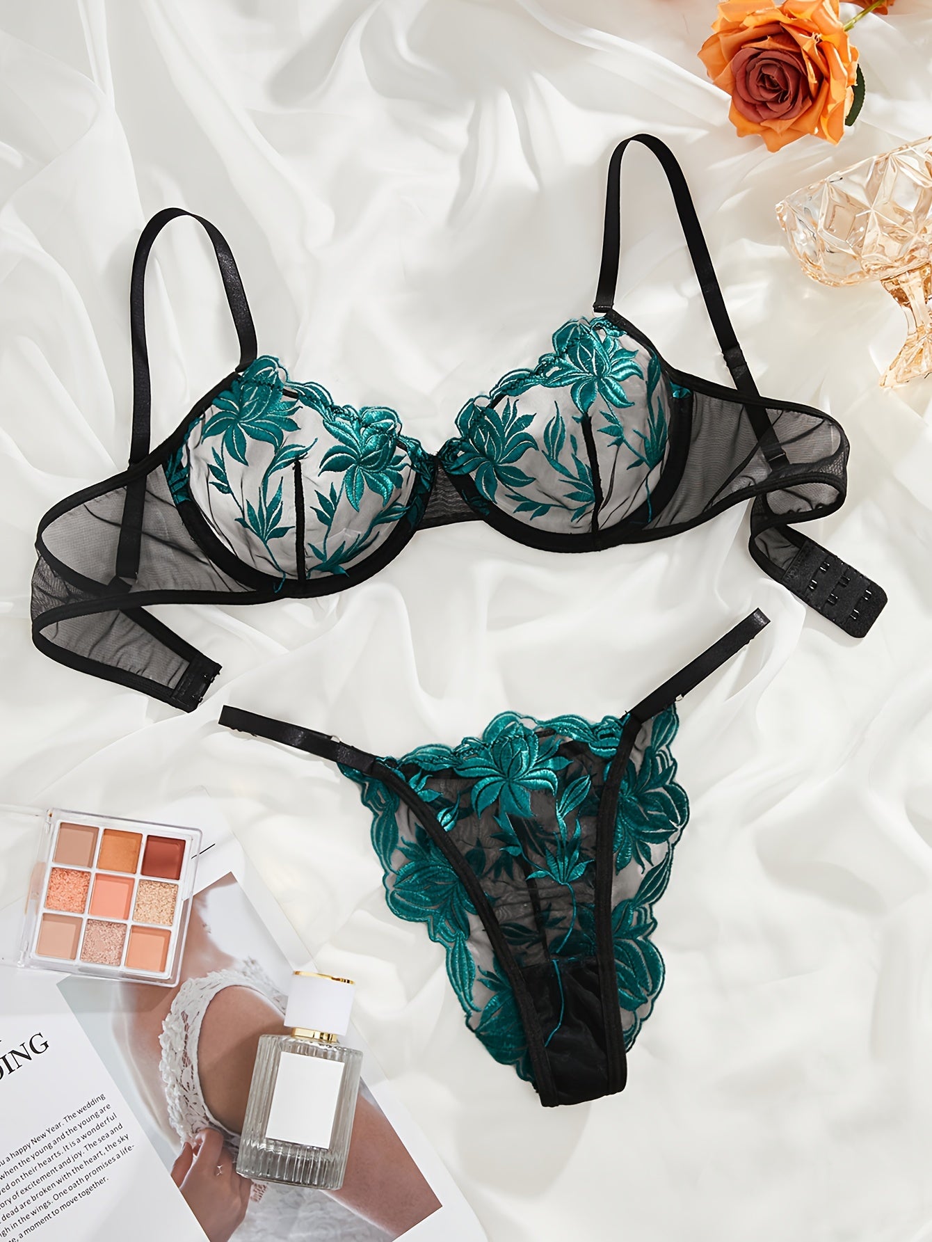 Sexy Lingerie Set, Color Block Floral Embroidery Mesh Cami Bra '/MH