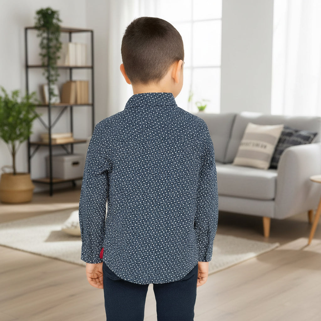 Boys’ Blue Red Trim Long Sleeve Shirt Button Up Dotted Print | Sizes 2-12 Years | MH