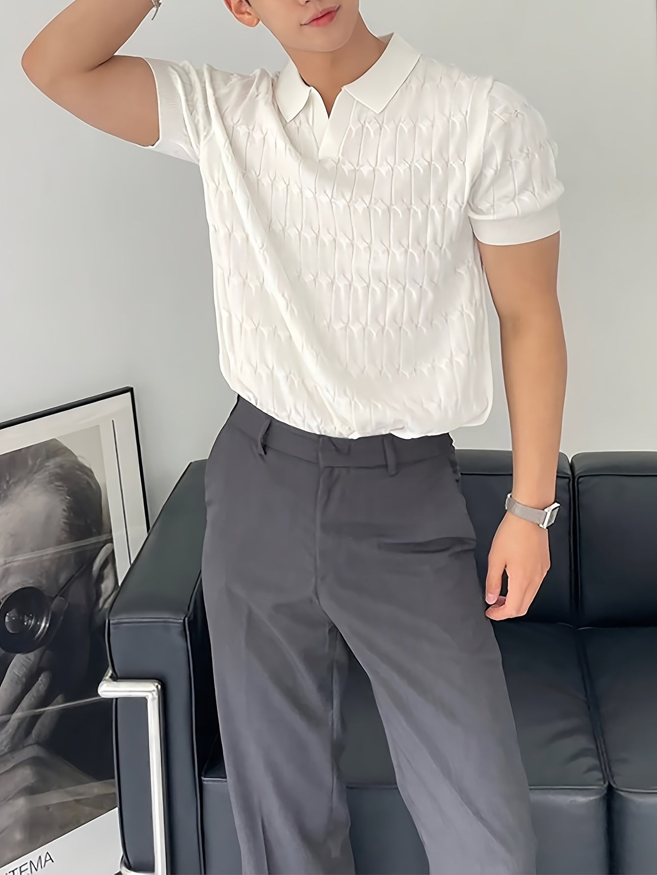 Chic Knit Shirt, Men's Casual Lapel Mid Stretch V-Neck Pullover Sweater