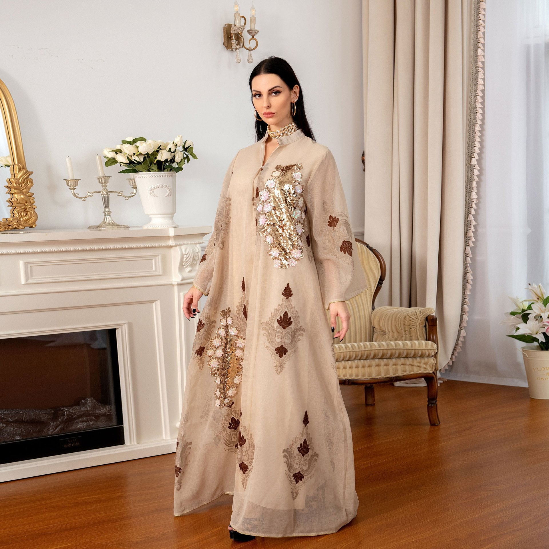 Ramadan Contrast Sequin Maxi Kaftan Dress, /MH