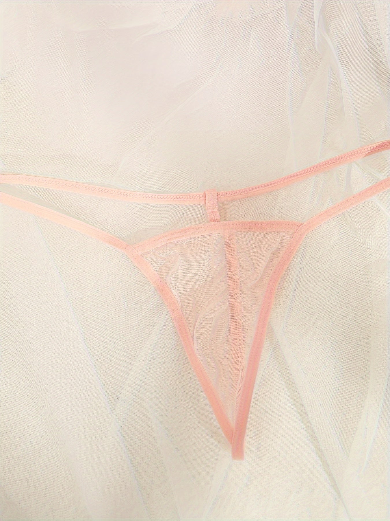 Solid Fuzzy Trim Lingerie Set, Deep V Mesh Semi Sheer Dress & Thong, /MH