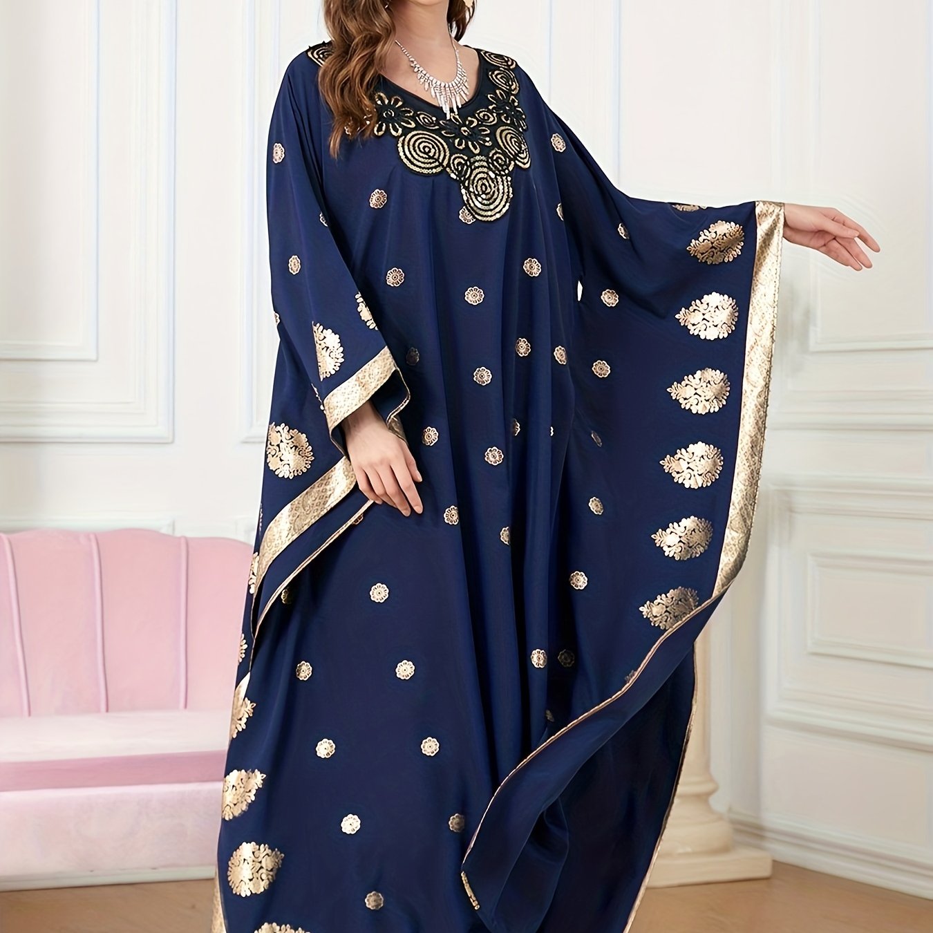 Graphic Print Batwing Sleeve Kaftan Dress, /MH