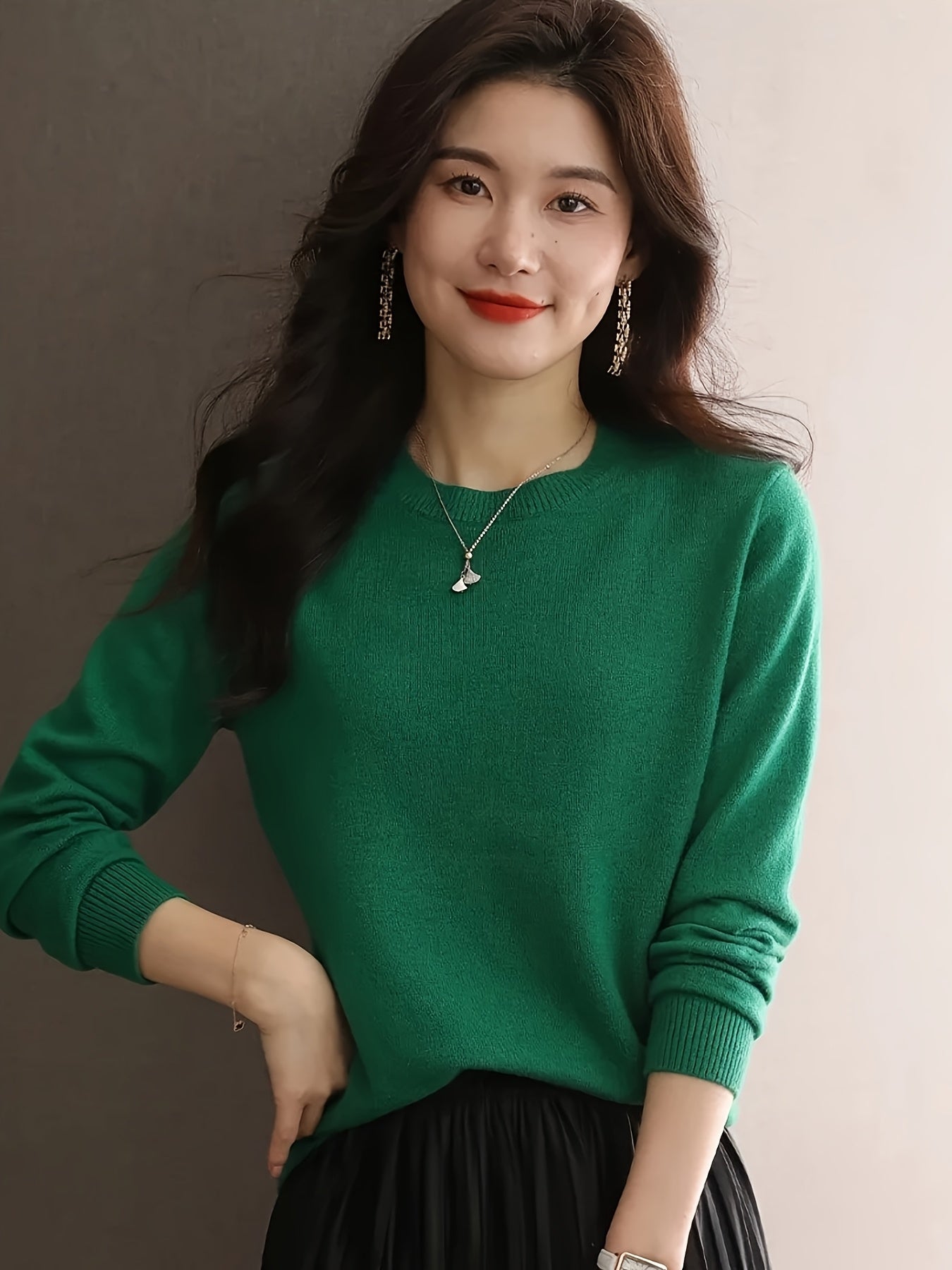 1pc Women'S 100% Wool Crew Neck Long Sleeve Knit Sweater,