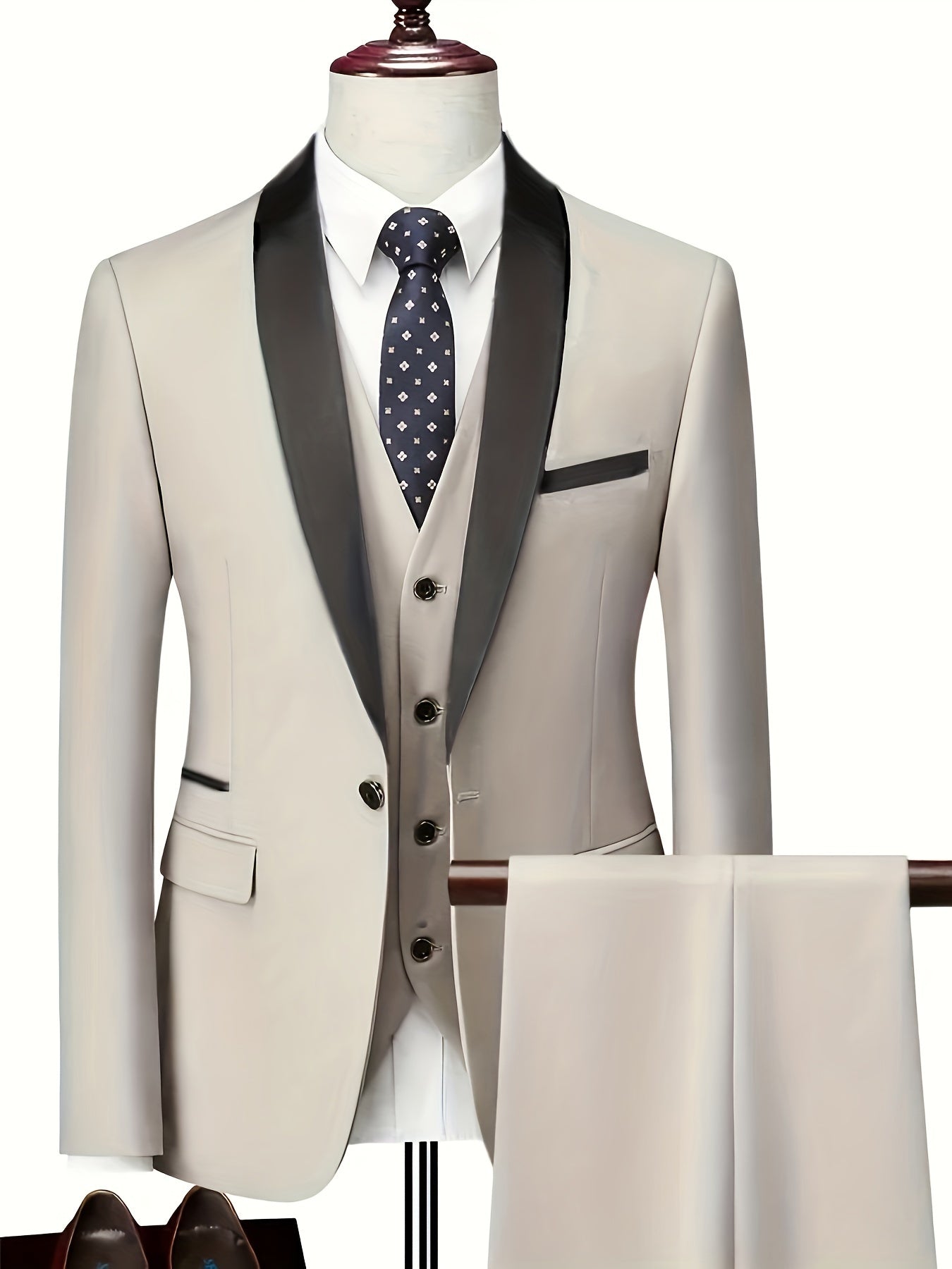 3pcs Classic Dress Suit Set For Men, Shawl Lapel Collar Buttoned Blazer,