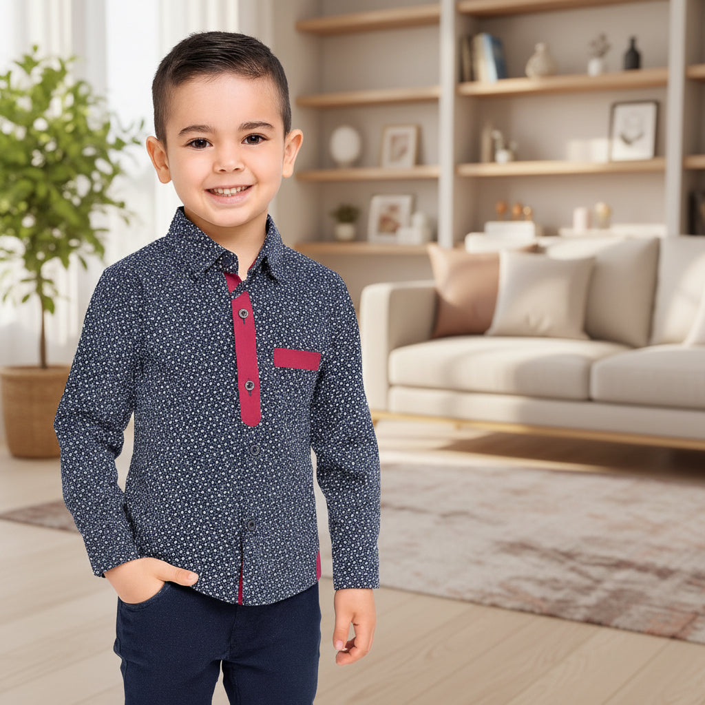 Boys’ Blue Red Trim Long Sleeve Shirt Button Up Dotted Print | Sizes 2-12 Years | MH