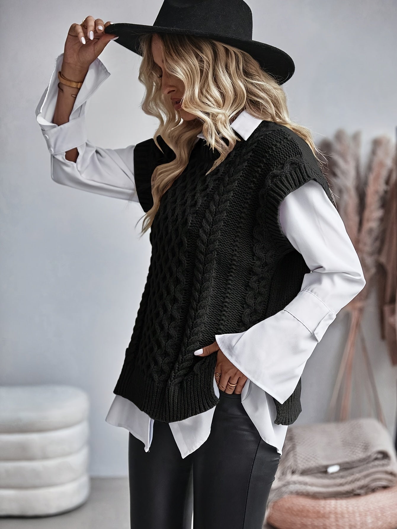 Casual Knitted Vest Top, Round Neck Sweater Hooded Vest,