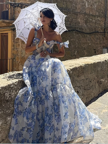 Elegant French Floral Off-Shoulder Long Dress - /MH