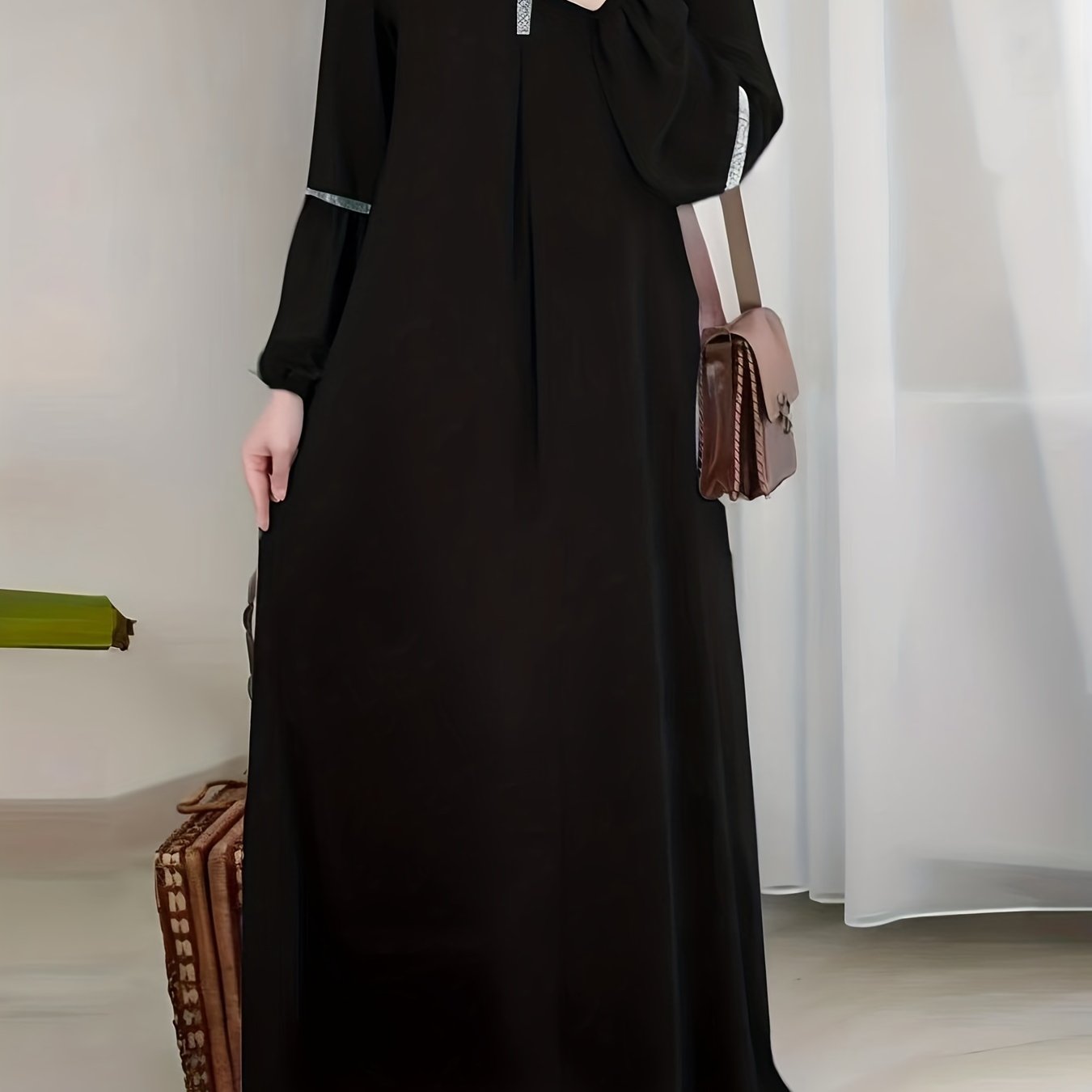 Crew Neck Lantern Sleeve Kaftan Dress, /MH