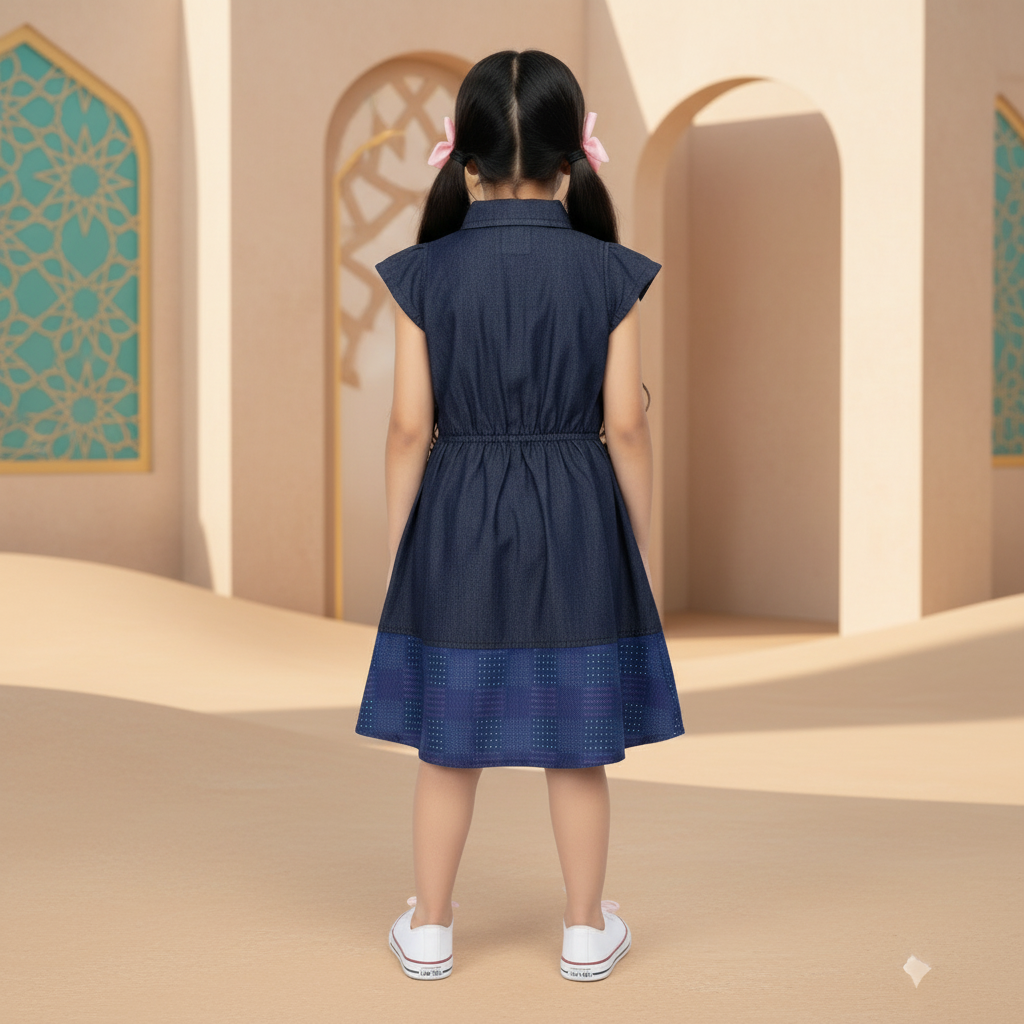 Girls Navy Blue Cap Sleeve Shirt Dress with Button Front & Cute Patch Detail (2–12 Years)