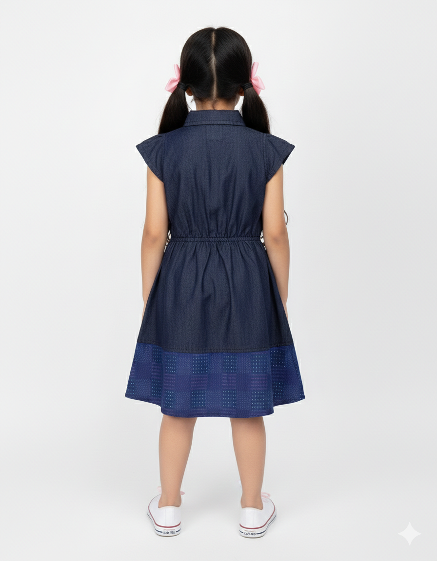 Girls Navy Blue Cap Sleeve Shirt Dress with Button Front & Cute Patch Detail (2–12 Years)
