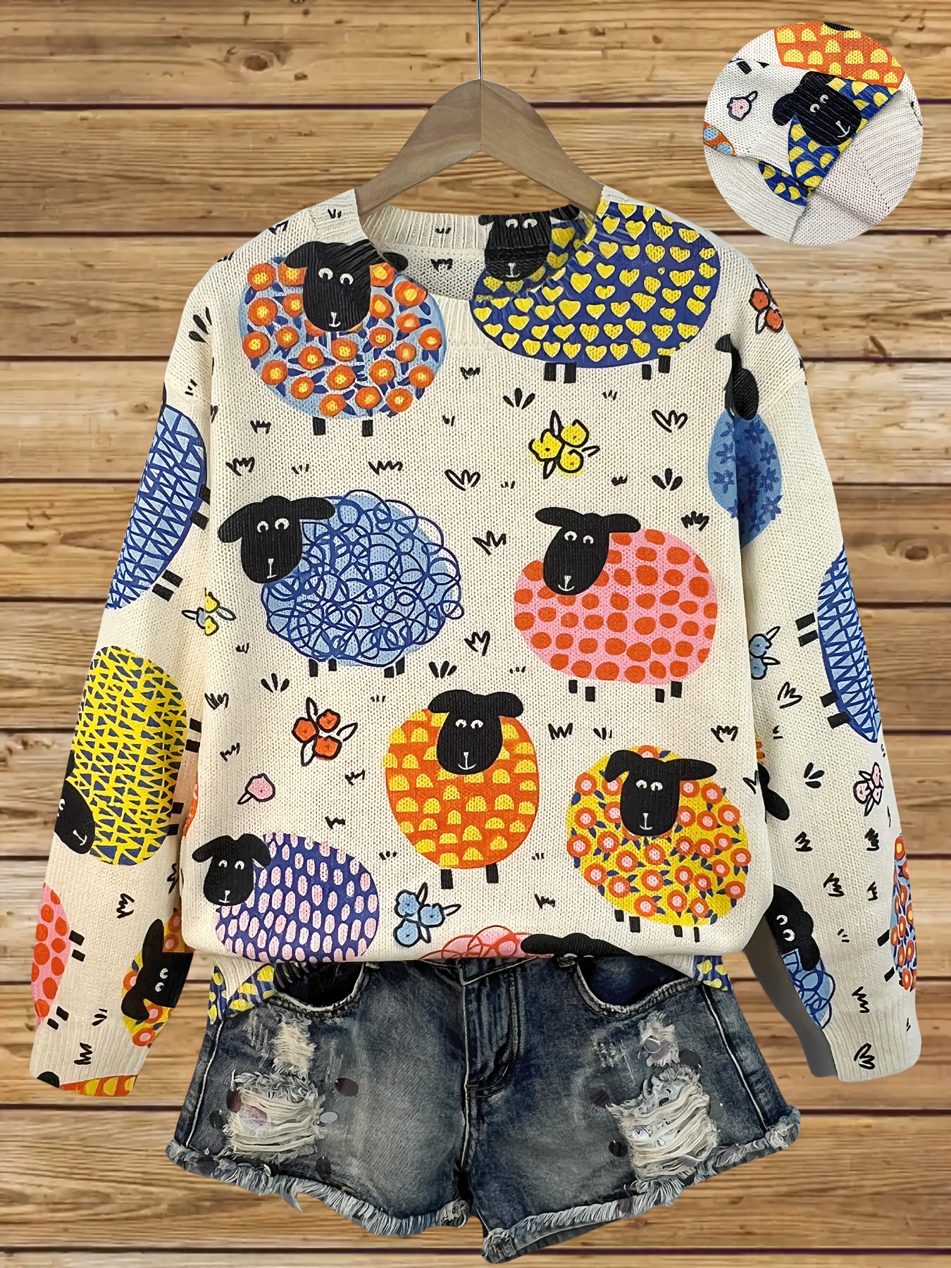 Elegant Sheep Print Long Sleeve Pullover Sweater for Women .