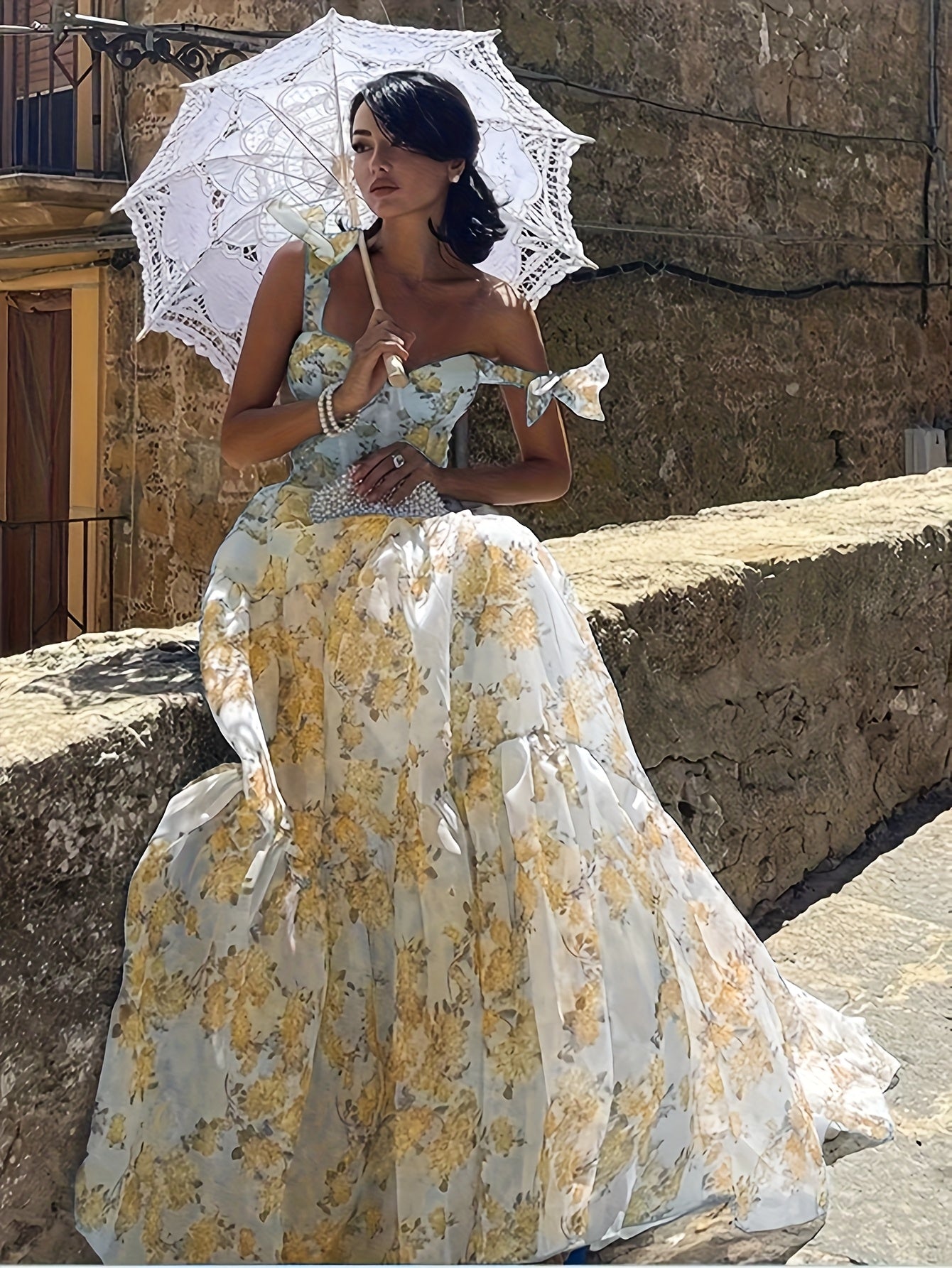 Elegant French Floral Off-Shoulder Long Dress - /MH