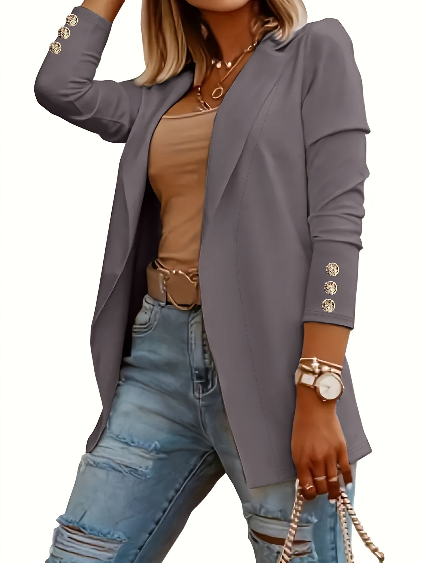 Solid Open Front Lapel Blazer, Elegant Button Decor Long Sleeve Blazer.