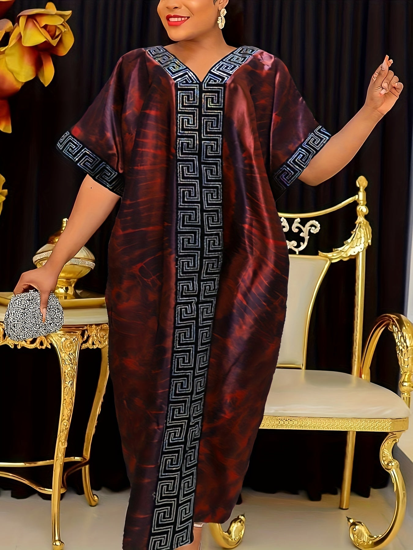 Abstract Print Greek Pattern Kaftan Dress, Elegant Half Sleeve'/MH