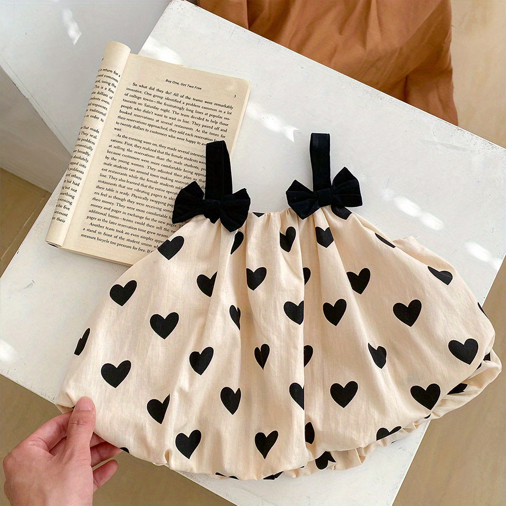 Baby Cotton Sleeveless Bowknot Decor Cami Top+Apricot Love Print Shorts 2pcs Set For Toddler Girls