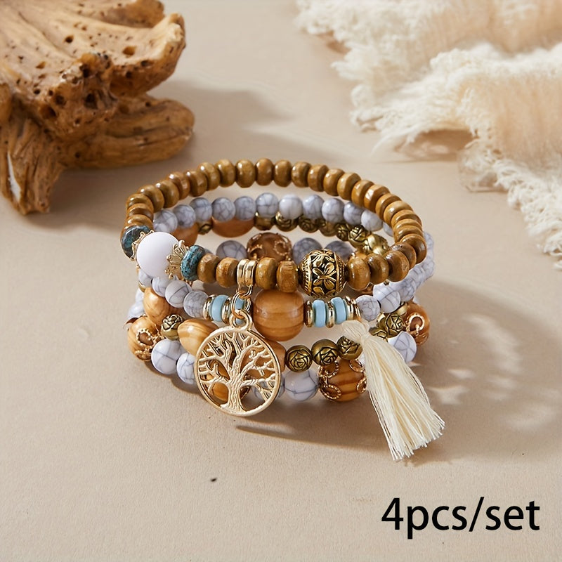 4pcs/set Tree Of Life Pendant Multilayer Beaded Bracelet Round Bead Wooden Bead Bracelet Bohemian Ethnic Jewelry Accessories Handmade -A Stylish Accessory, Father's Day Gift