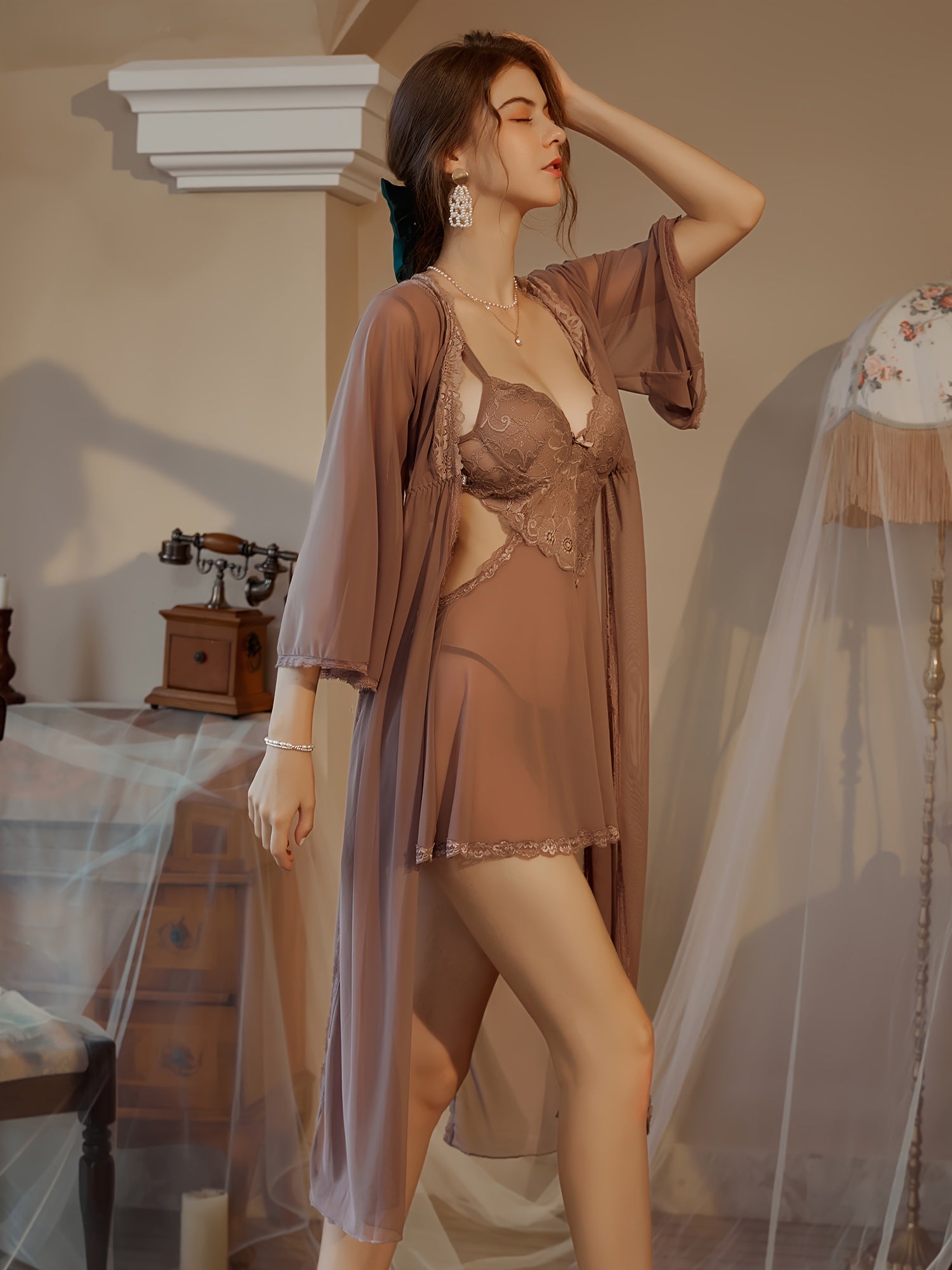 Hot Contrast Lace Dress, V Neck Backless Hollow Out Babydoll, /MH